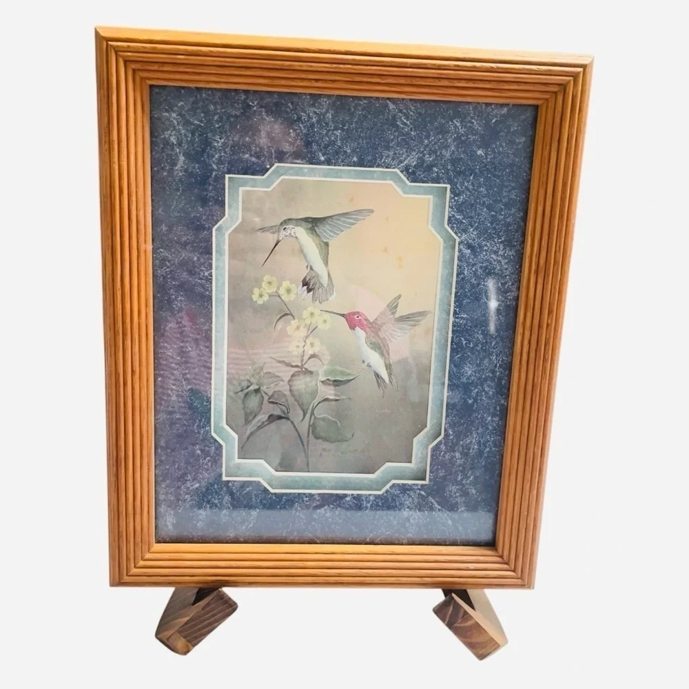 VTG Framed Hummingbird Botanical Prints Set of 2 Wood Frames Cottage Decor